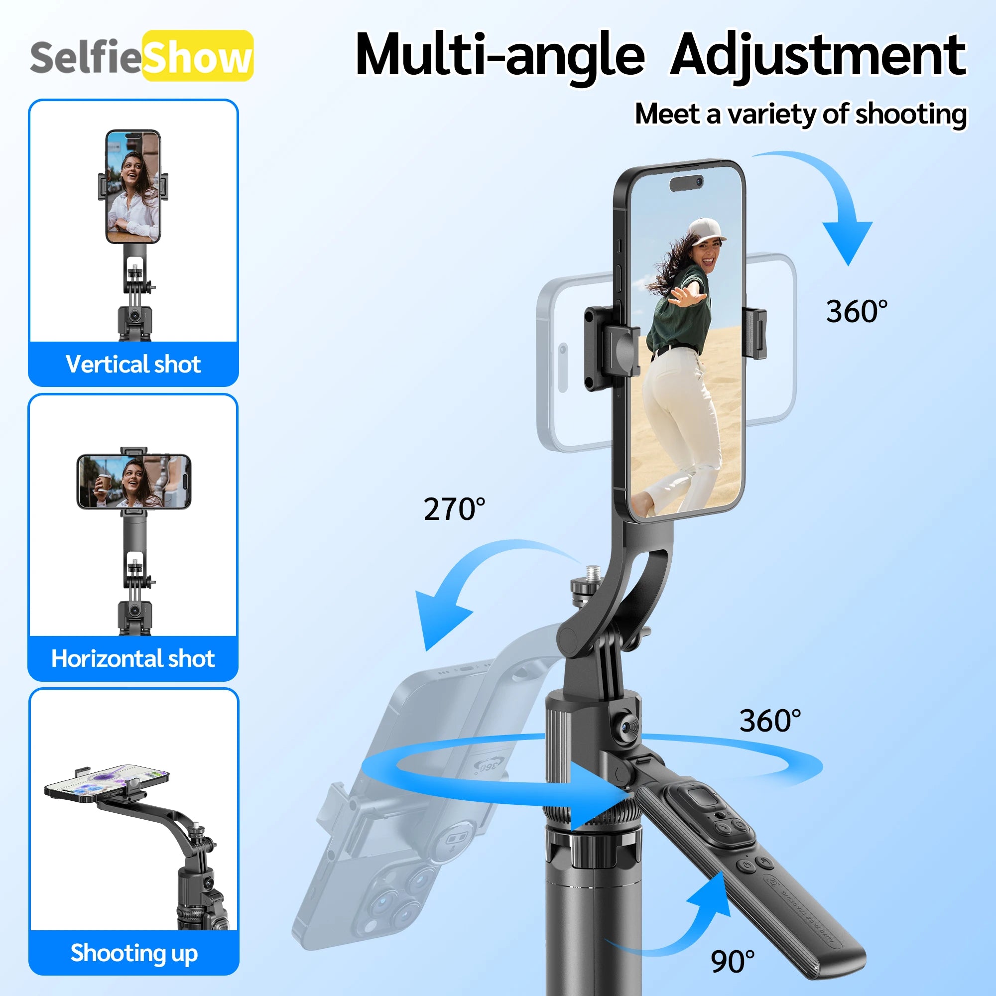 Tripod with 360°Auto-Rotation, AI Tracking, Remote Control, Bluetooth, Stabilizer Optional Fill Light