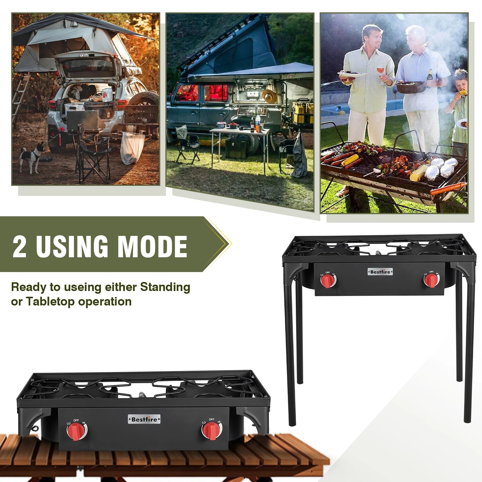 BESTFIRE 2 Burner Camping Stove 150000 BTU High Pressure Outdoor Propane Grill With 4ft 20 PSI Regulator Hose Removable Legs for Backyard Cooking BBQ Picnic Tailgate
