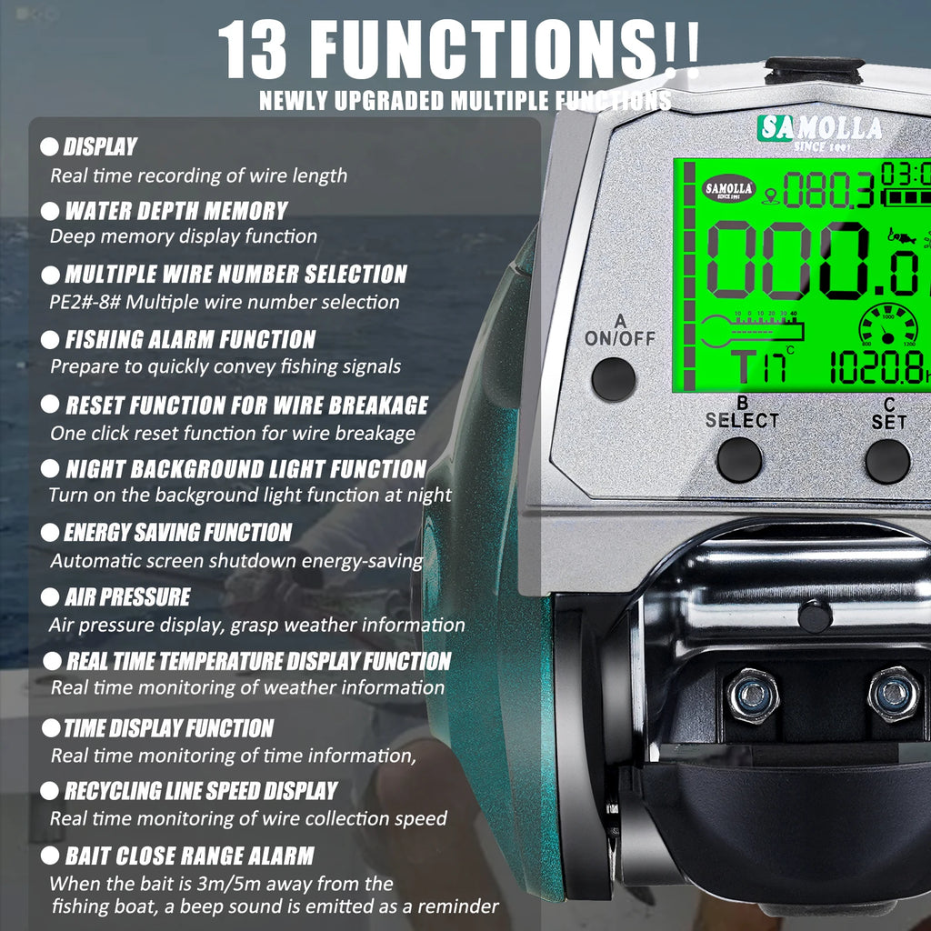 SAMOLLA New Large Electronic Fishing Reel USB charging Large Display Screen Temperature/Air Pressure Sea Boat Baitcasting Reel from China