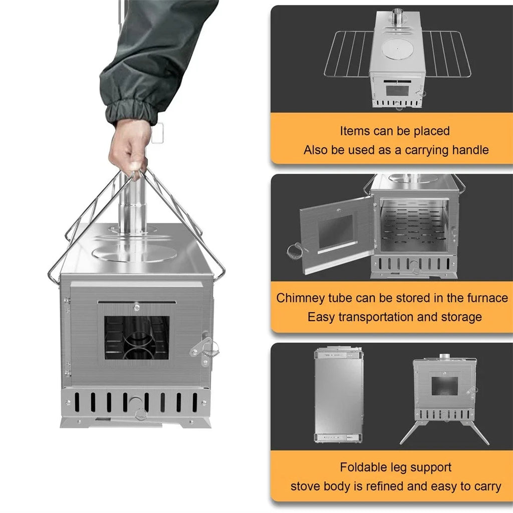 Hot Tent Wood Burning Portable Stove with 6 Stainless Chimney Pipes for Outdoor Heating & Cooking