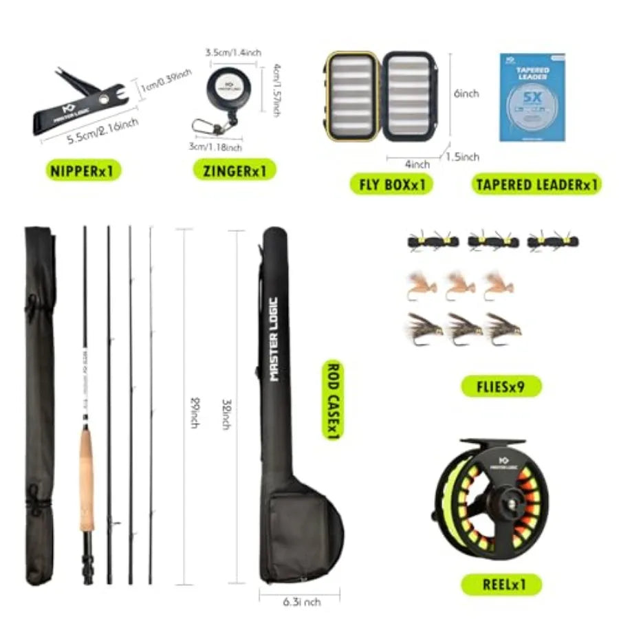 Fly Fishing Rod and Reel Combo Starter Kit Featuring Graphite Fly Rod with Cork Handle and Die Cast Aluminum Reel for Freshwate