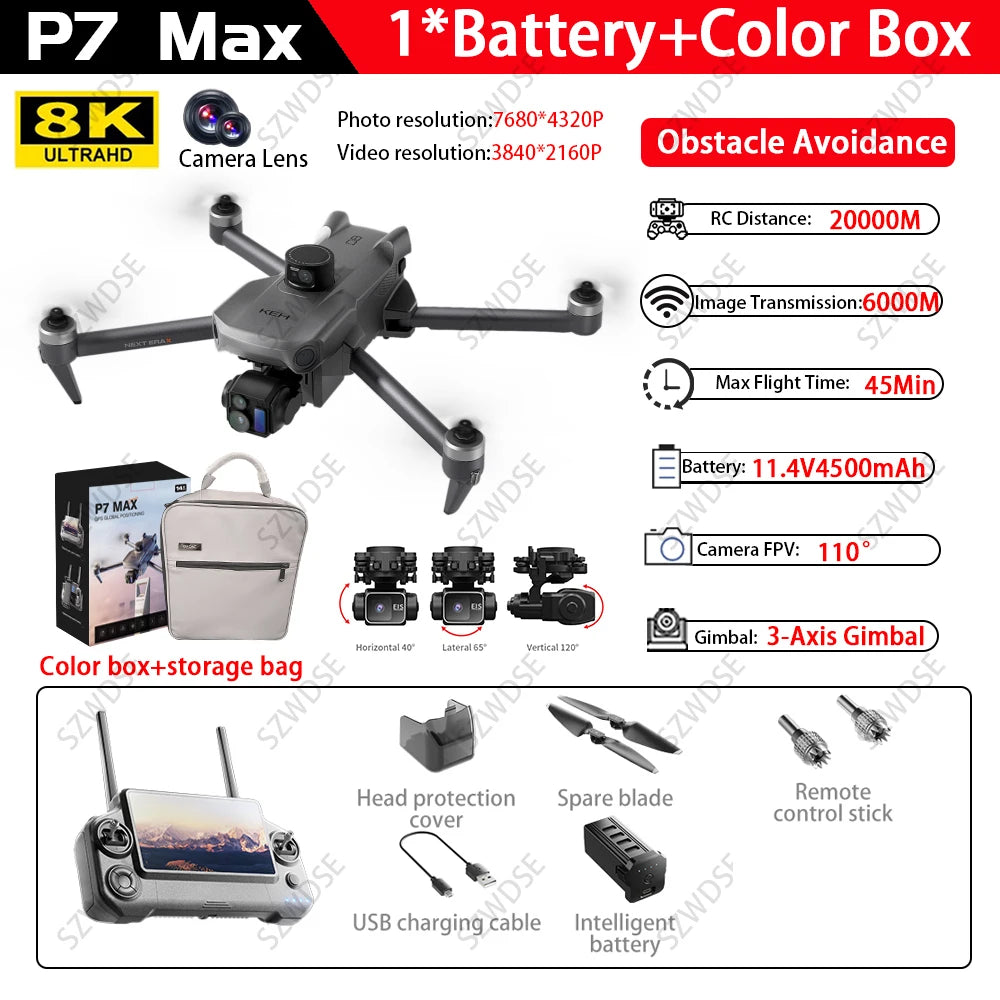 Professional P7 Max Screen Control Drone 3-Axis Brushless Gimbal 5G Digital Image Transmission Obstacle Avoidance With Airdrop from China