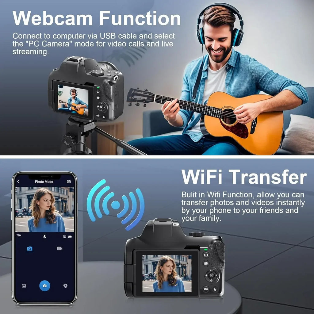 72MP Digital Camera with 4K WiFi Livestream Webcam, 12X Optical Zoom and Auto Focus