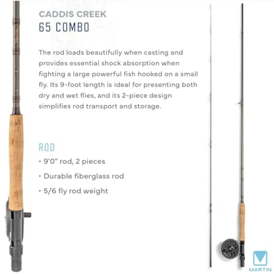Caddis Creek Fly Fishing Rod and Reel Combo 9-Foot 2-Piece Fiberglass Rod Moderate Fast Action Single Action Fly Reel Aluminum