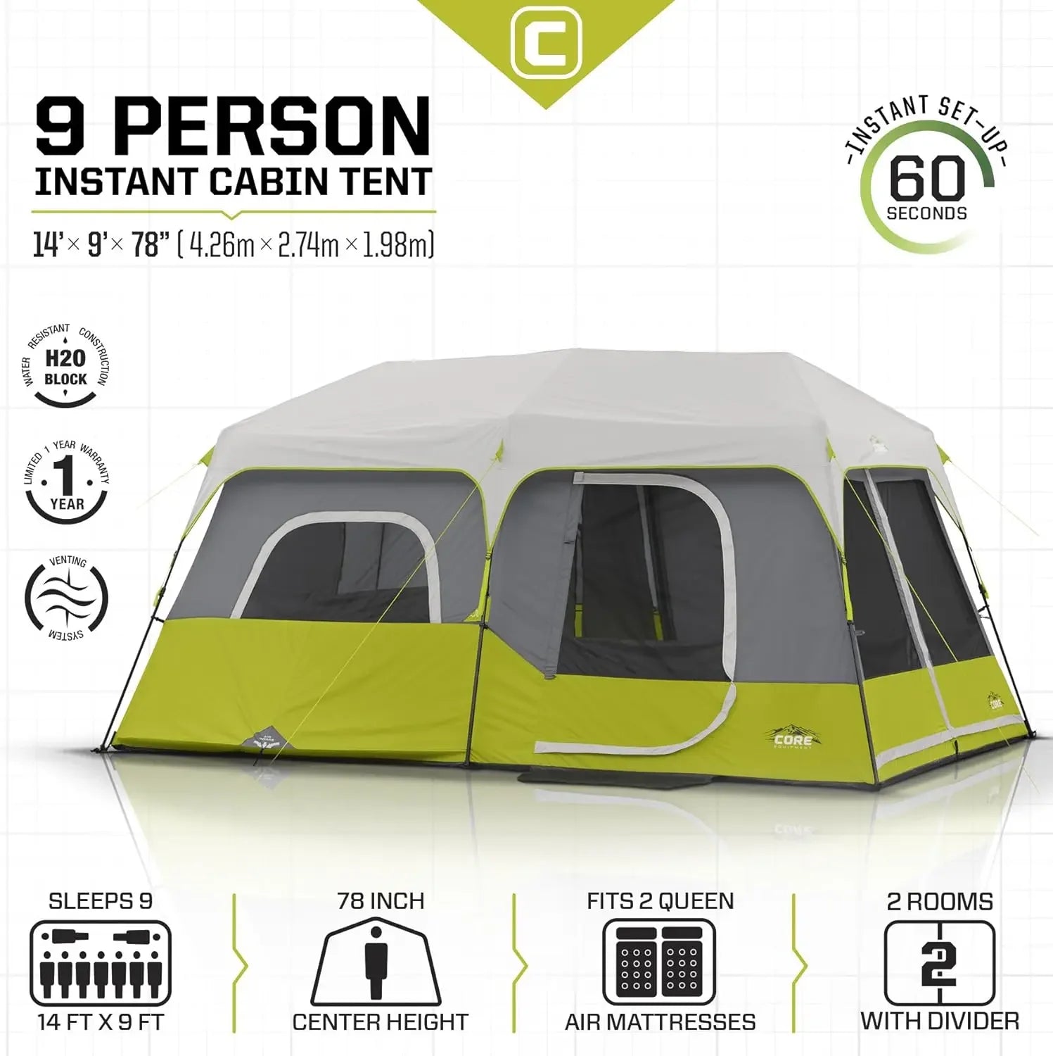 Bestseller 9 Person Instant Cabin Tent - 14' x 9', Green
