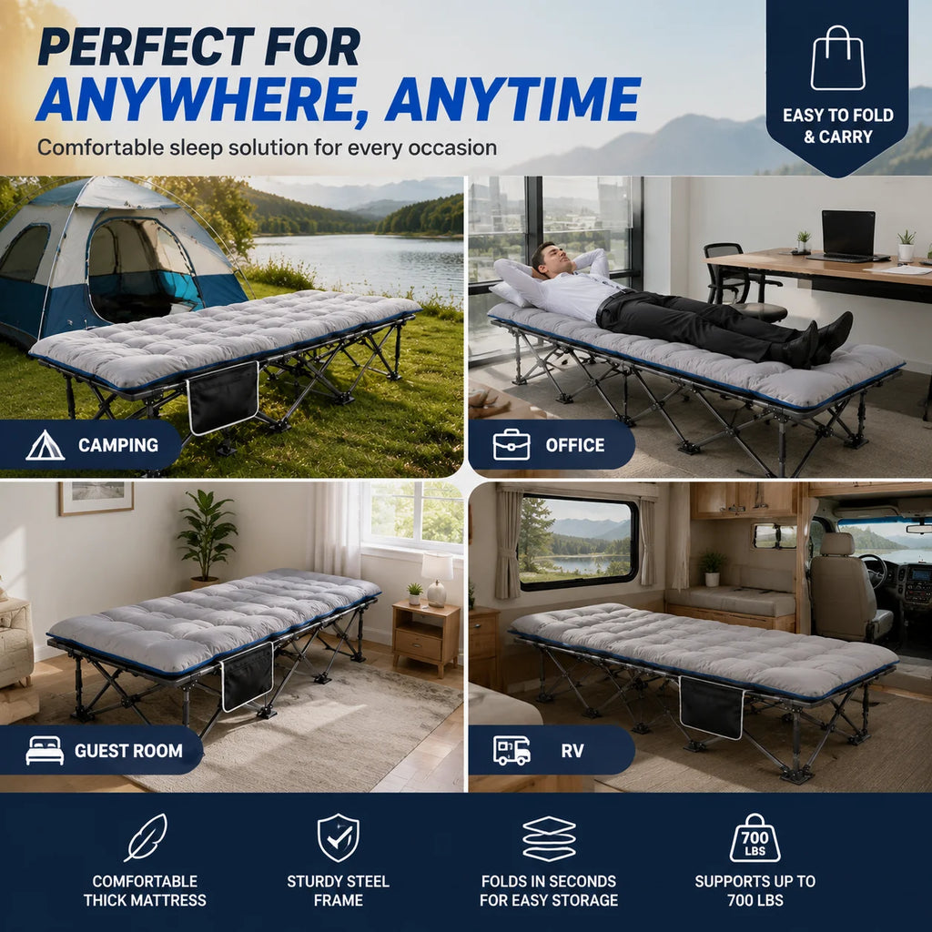 BLUE Portable Foldable Camping Cot with Thick Padded Mattress Comfortable Sleeping Bed with Sturdy Frame Compact Folding Guest Bed for Adults Easy Storage and Carrying for Outdoor Camping Travel Office Nap Patio Bedroom and Home U