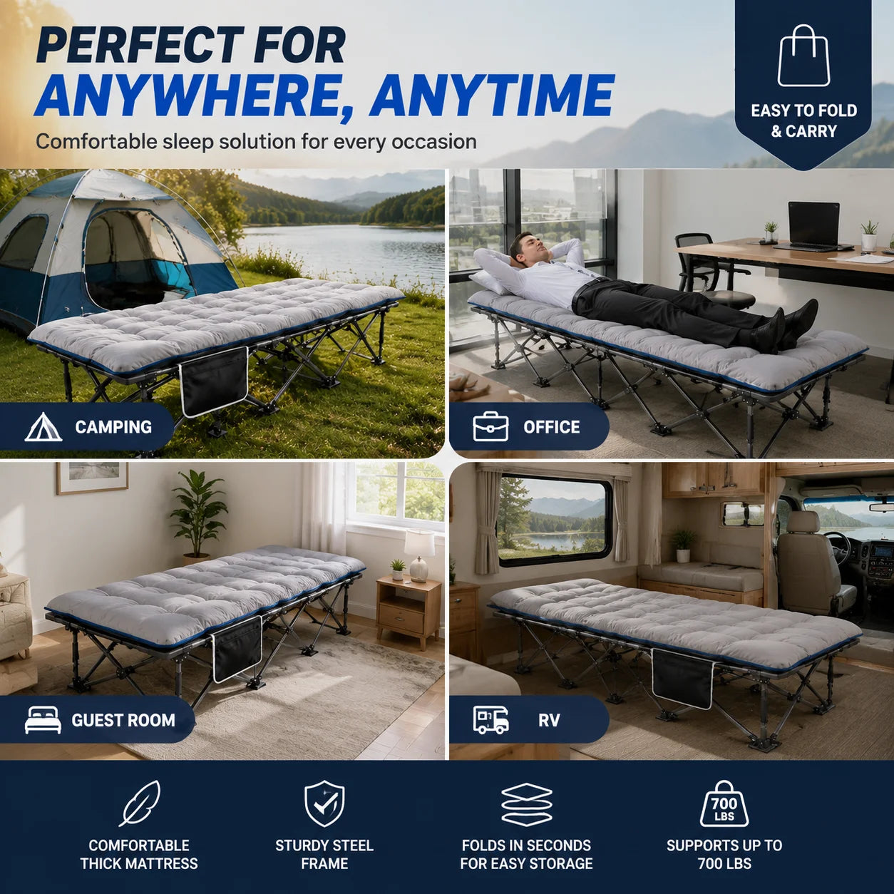 BLUE Portable Foldable Camping Cot with Thick Padded Mattress Comfortable Sleeping Bed with Sturdy Frame Compact Folding Guest Bed for Adults Easy Storage and Carrying for Outdoor Camping Travel Office Nap Patio Bedroom and Home U