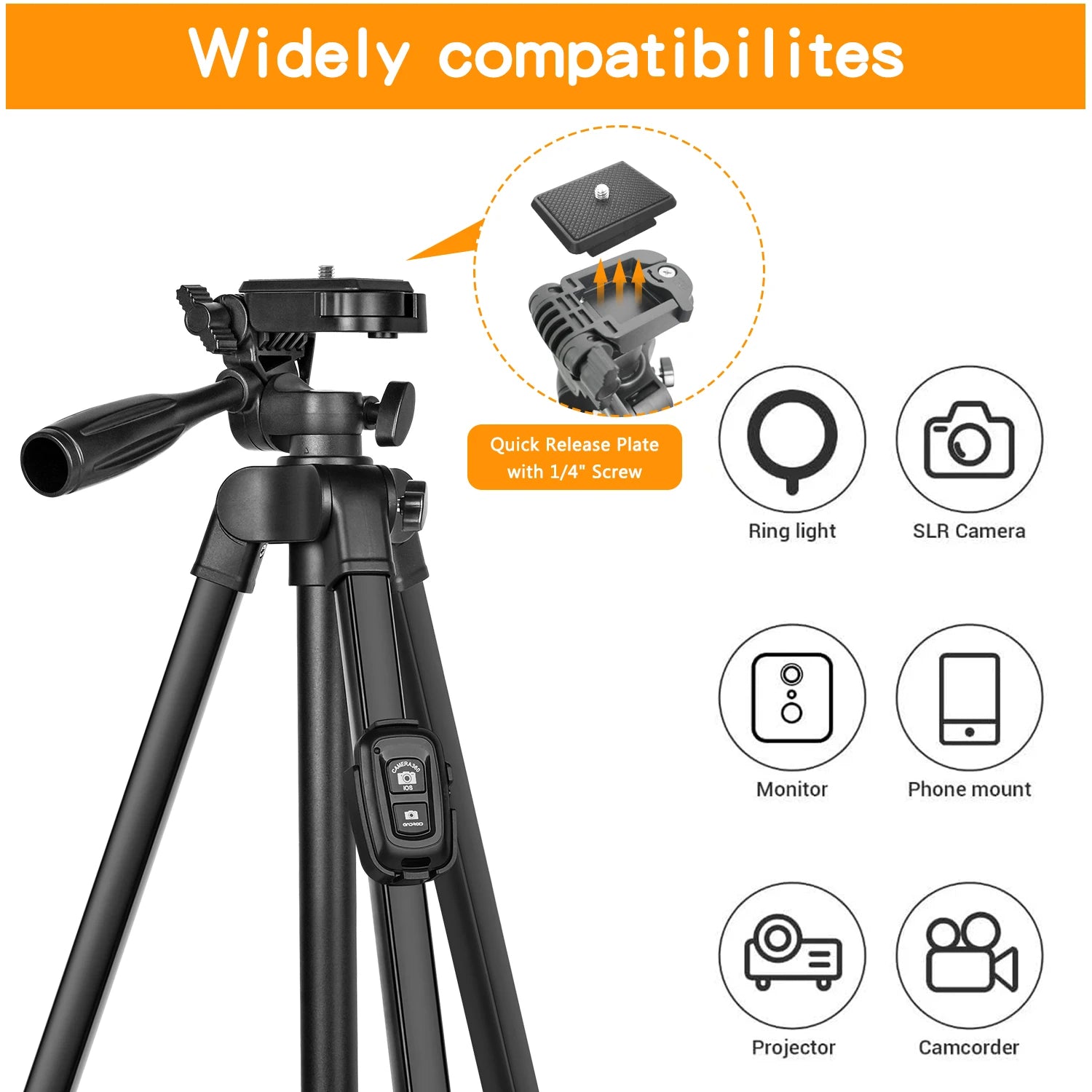 60 Inch/152cm Camera Tripod with Travel Bag, Mobile Phone Tripod with Remote Control, Professional Aluminum Alloy Portable Stand from China