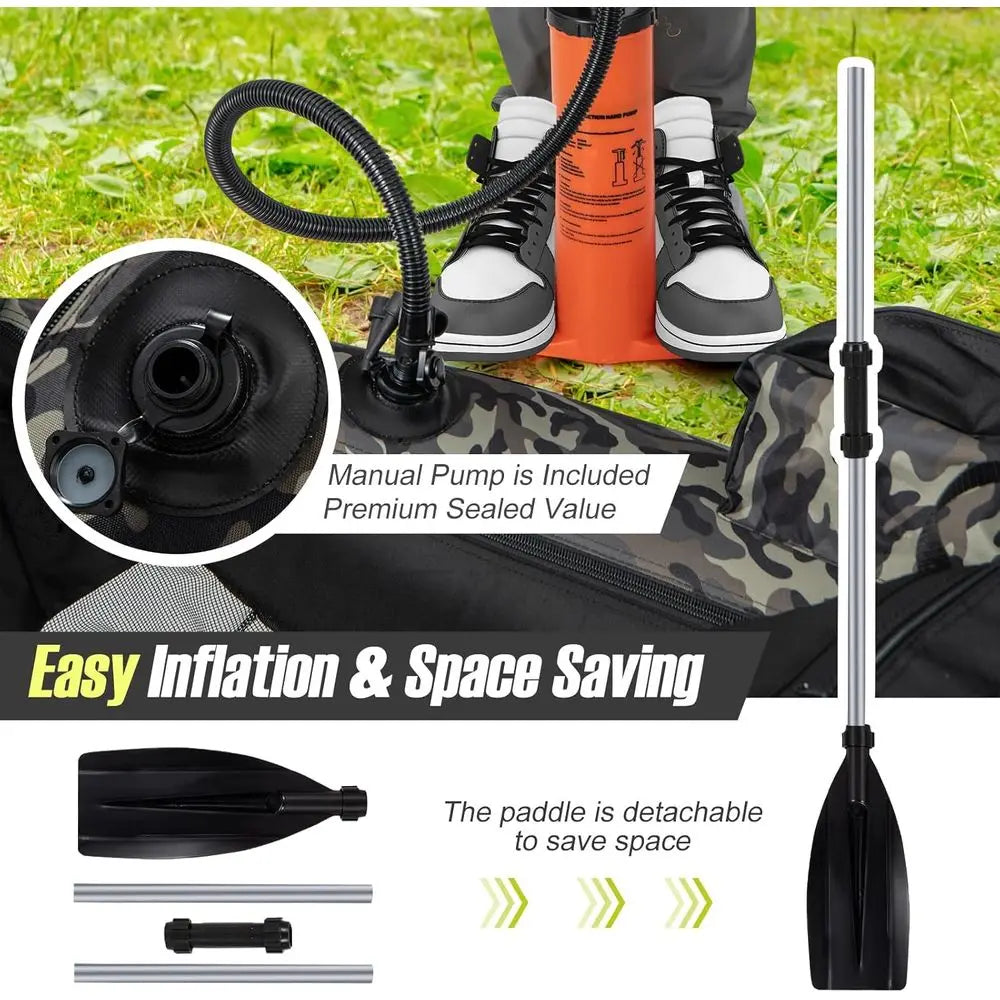 Inflatable 350lbs Fishing Boat with Paddle, Pump, Flippers, Fish Hook Stators, Fish Ruler, Storage Pockets