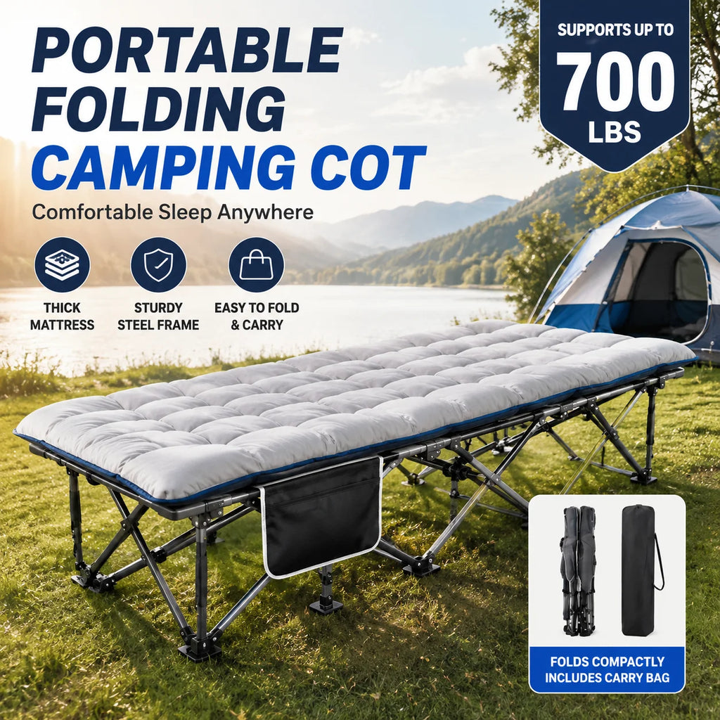 BLUE Portable Foldable Camping Cot with Thick Padded Mattress Comfortable Sleeping Bed with Sturdy Frame Compact Folding Guest Bed for Adults Easy Storage and Carrying for Outdoor Camping Travel Office Nap Patio Bedroom and Home U