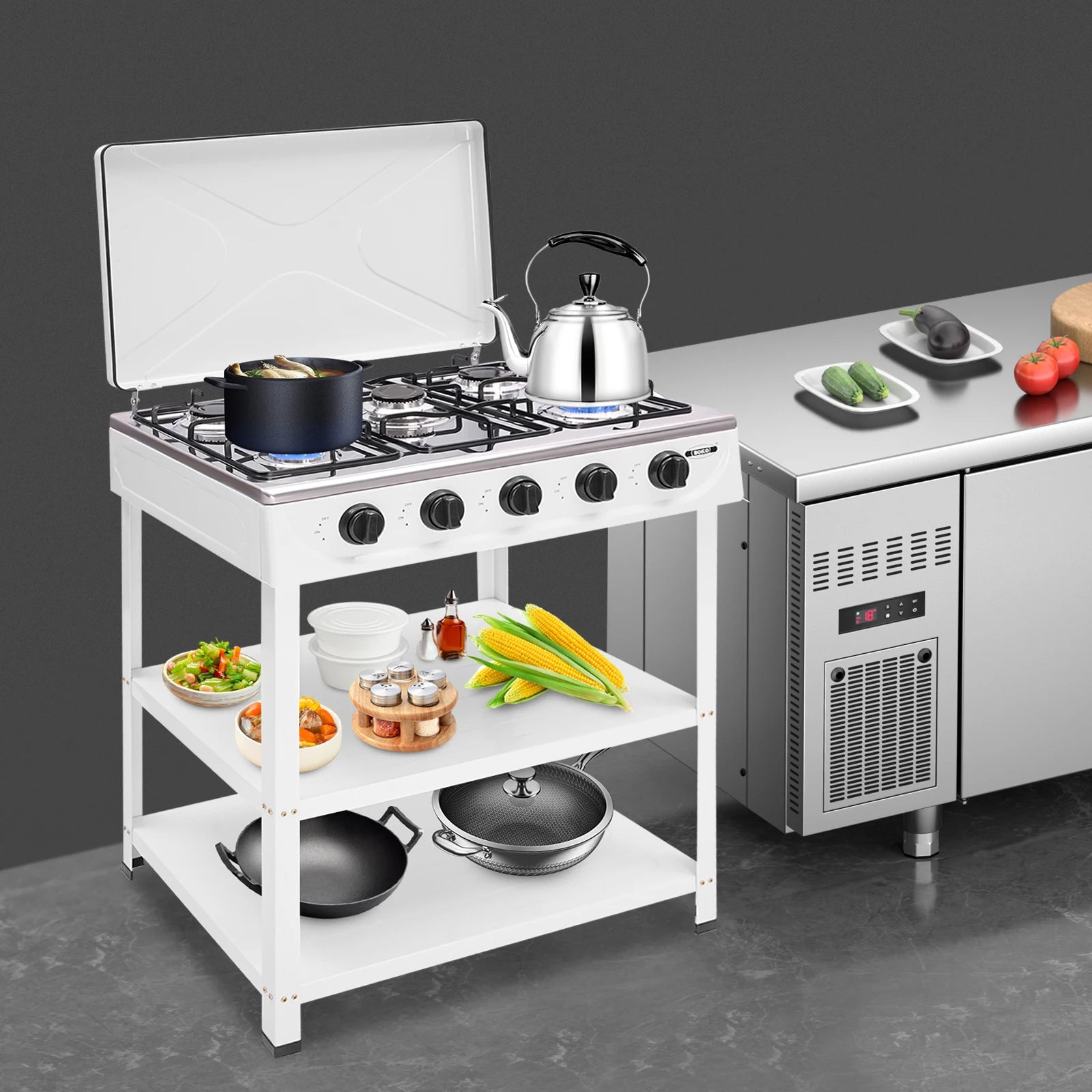 Natural Gas Stove with 5 Burners Outdoor Portable Gas Stove Manual Ignition with 2 Placement Boards