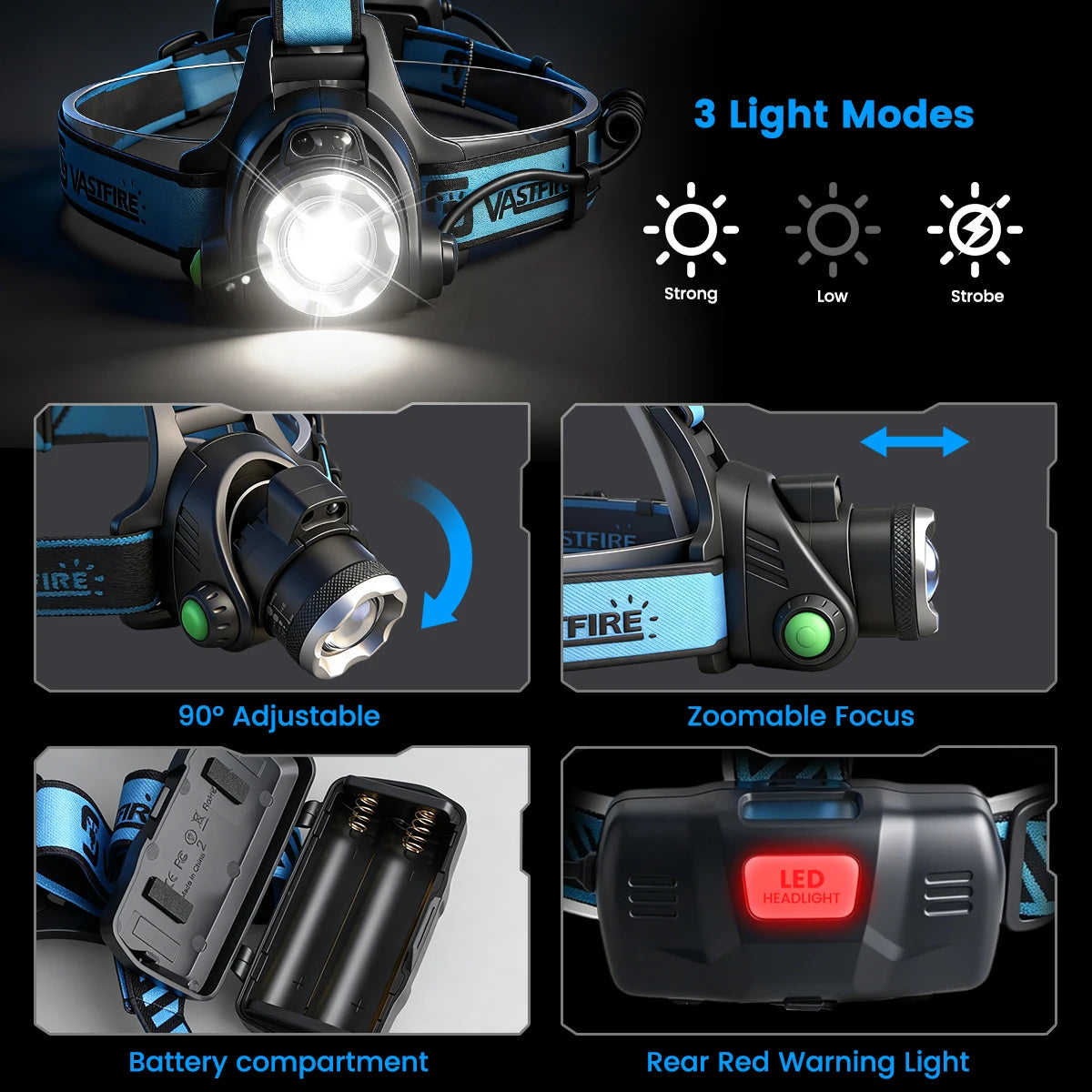 Tactical Headlight Red/Green/UV395nm/White Light Head Torch Zoomable LED USB Charging 3 Modes Headlamp Power Headlight Hunting