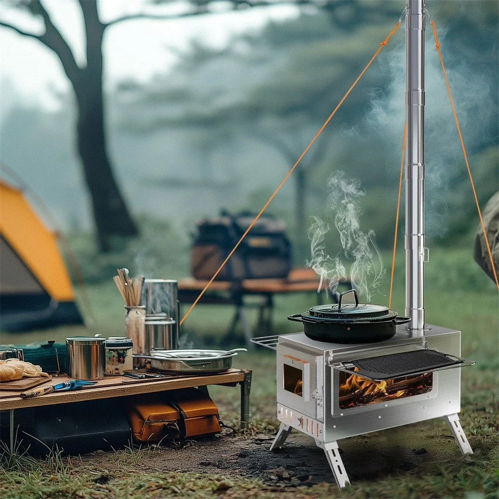 Hot Tent Wood Burning Portable Stove with 6 Stainless Chimney Pipes for Outdoor Heating & Cooking