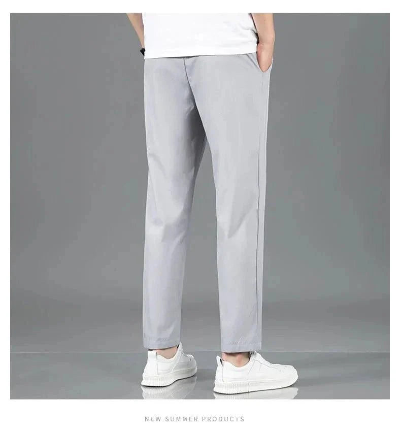 Ice Silk Men's Pants 2025 Summer New Black Gray Thin Business Casual Pants Outdoor Elastic Breathable Straight Leg Sweatpants