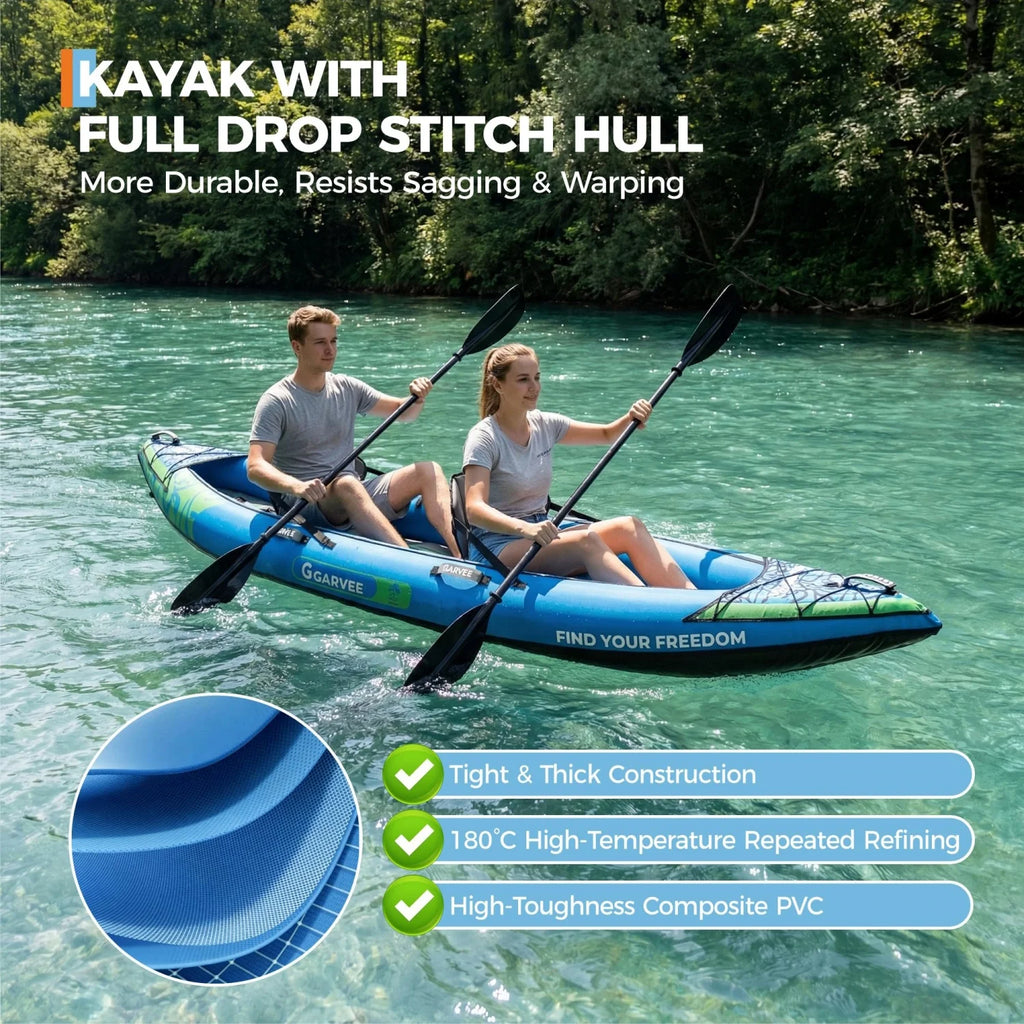 2 Person Inflatable Kayak, Fishing Kayak, Portable Touring Kayaks with Padded Seat, 3 Fins, Hand Pump, Carry Bag, Repair Kit