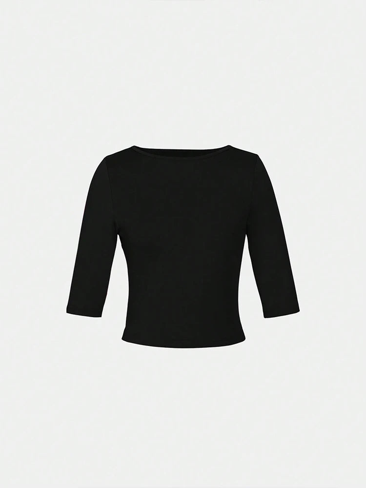 Women's Slim Fit round Neck T-Shirt Y2K Style Short-Sleeved Solid Color Fashion Model Top Seven Points Design