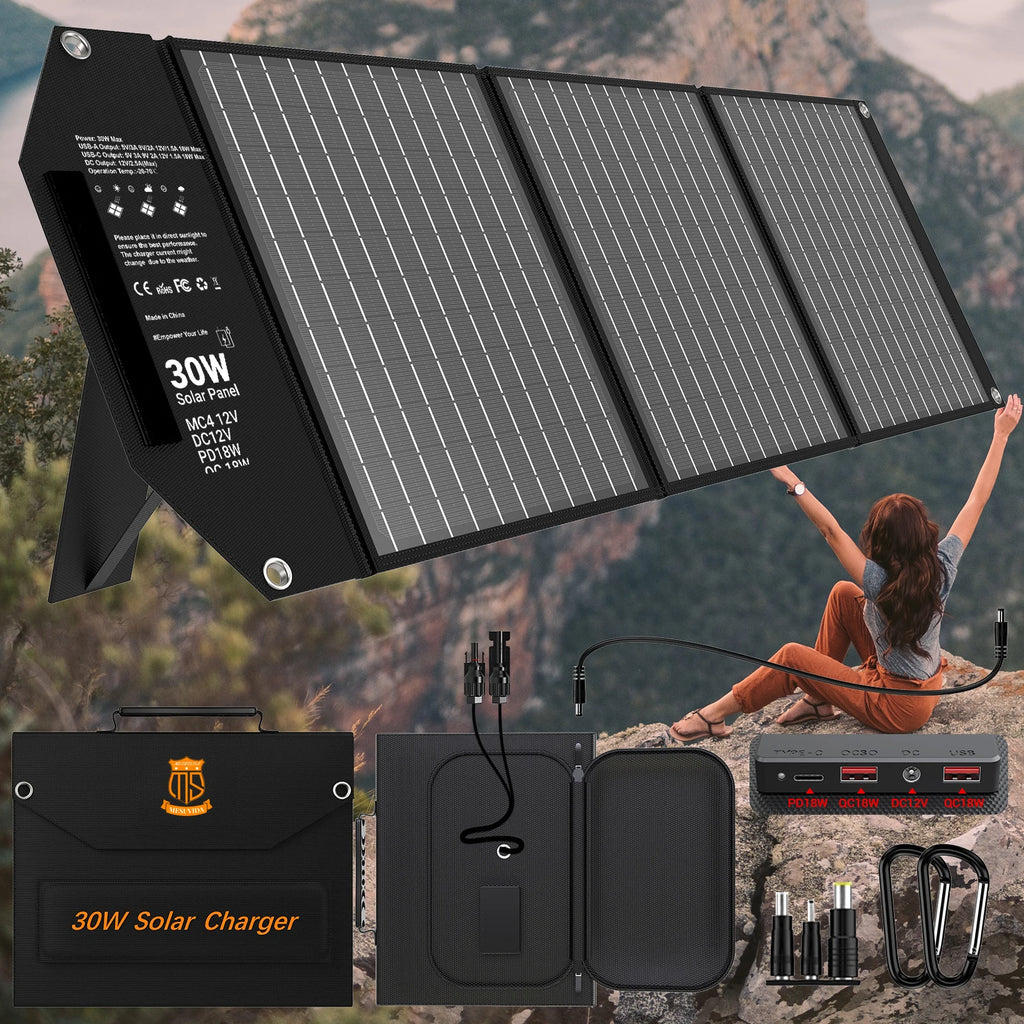30W Travel-Ready Solar Charger and Solar Panel with 18V MC4, Dual USB-A and USB-C Ports