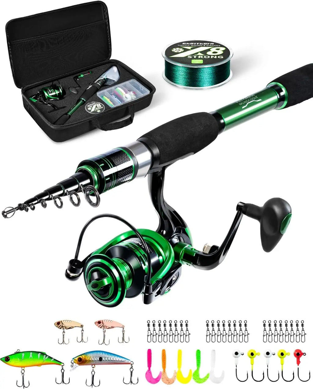 Telescoping Fishing Rod and Reel Combo with Case and Accessories