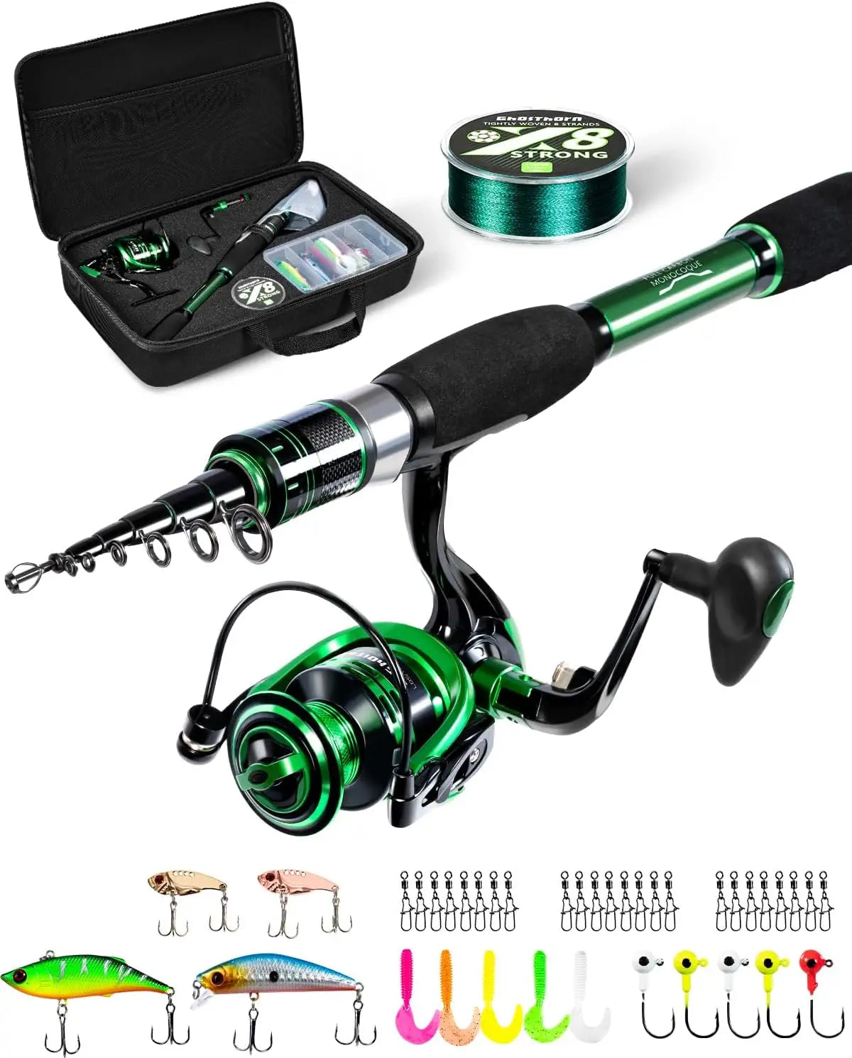 Telescoping Fishing Rod and Reel Combo with Case and Accessories