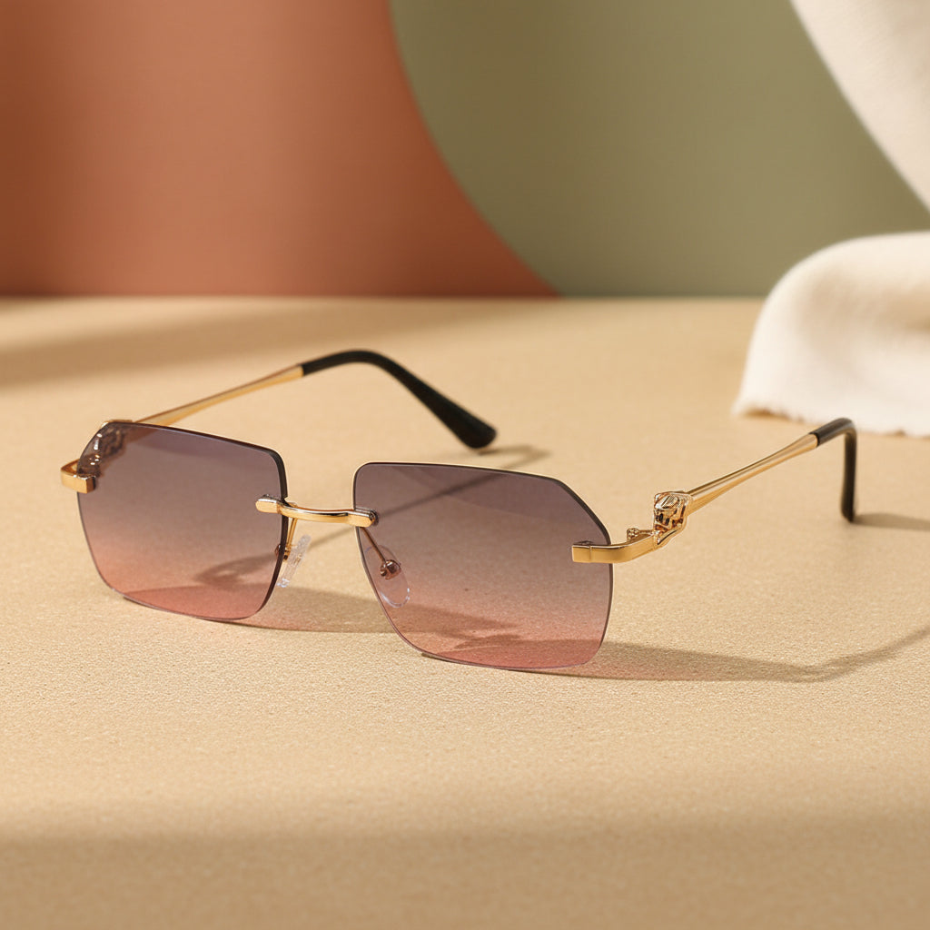 Gold Frame Cheetah Rimless Sunglasses – Hip-Hop Fashion Statement Eyewear