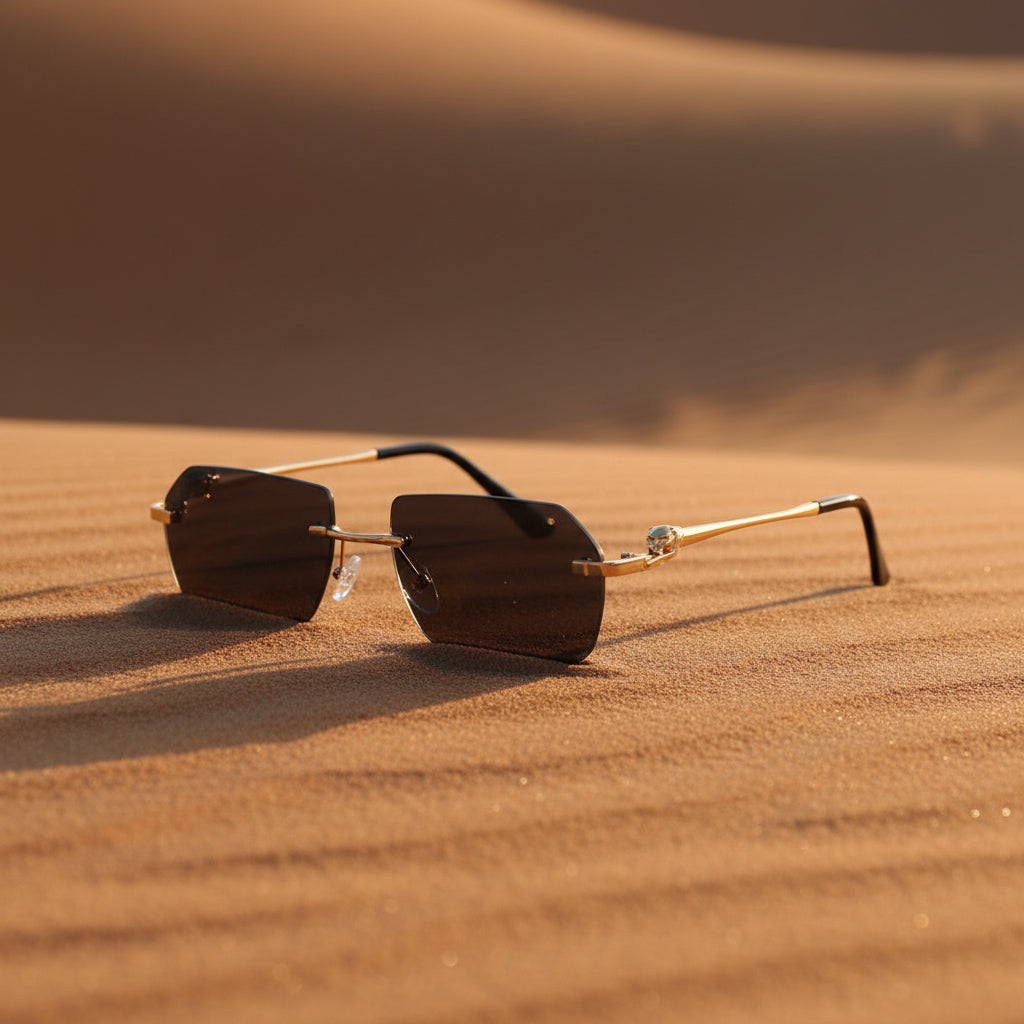 Gold Frame Cheetah Rimless Sunglasses – Hip-Hop Fashion Statement Eyewear
