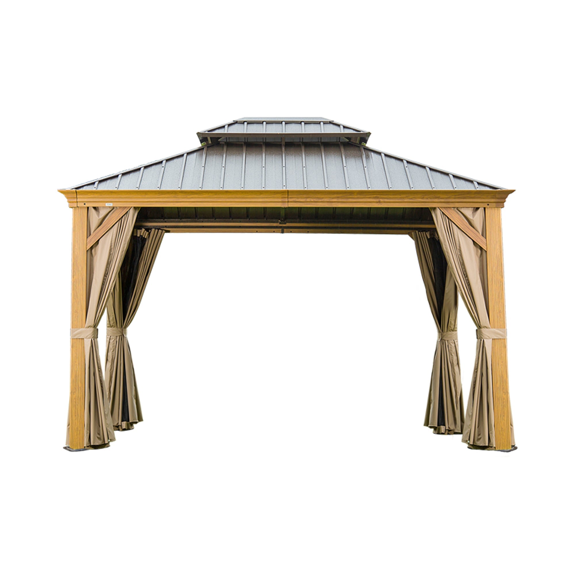 10' x 14' Hardtop Gazebo with Galvanized Steel Double Roof and Wood Grain Frame