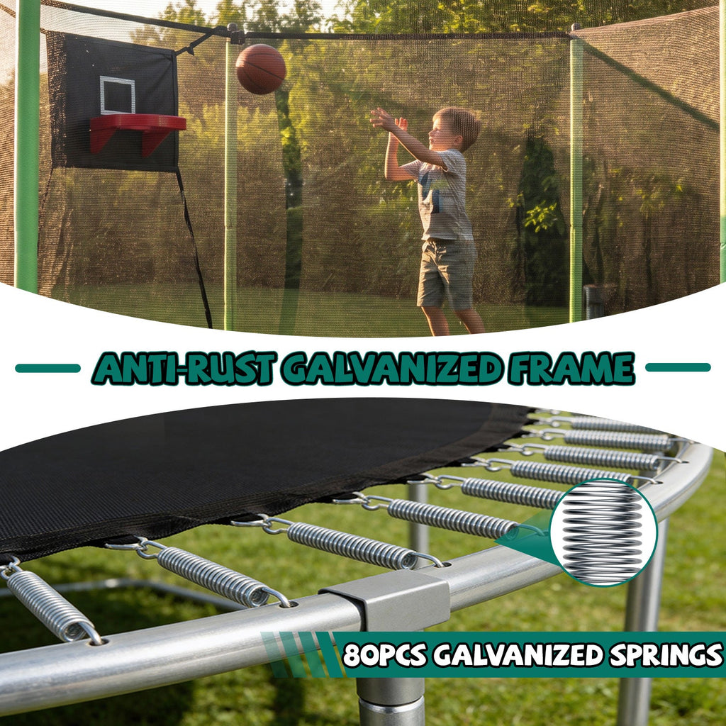 14FT Sports Fitness Trampoline with Safety Enclosure Net - Green