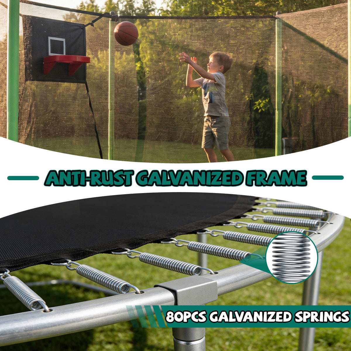 14FT Sports Fitness Trampoline with Safety Enclosure Net - Green