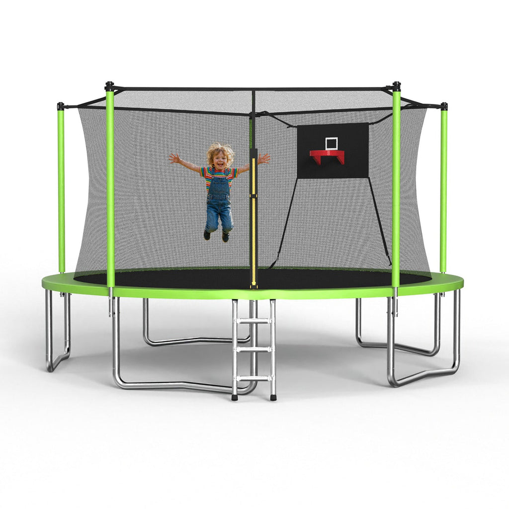 14FT Sports Fitness Trampoline with Safety Enclosure Net - Green