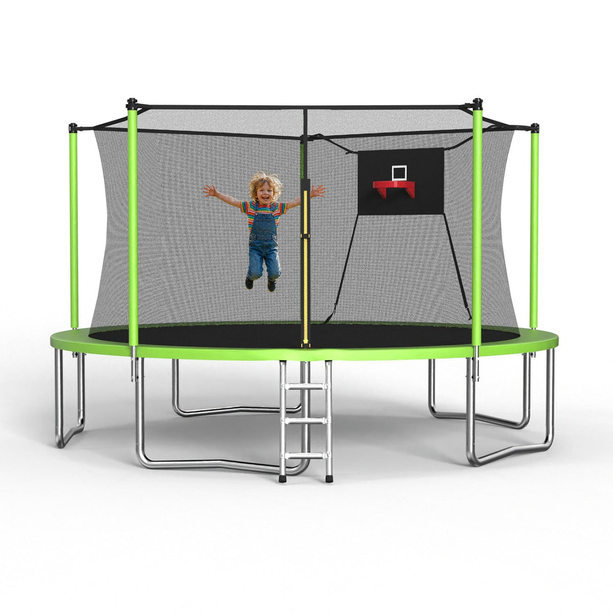 14FT Sports Fitness Trampoline with Safety Enclosure Net - Green