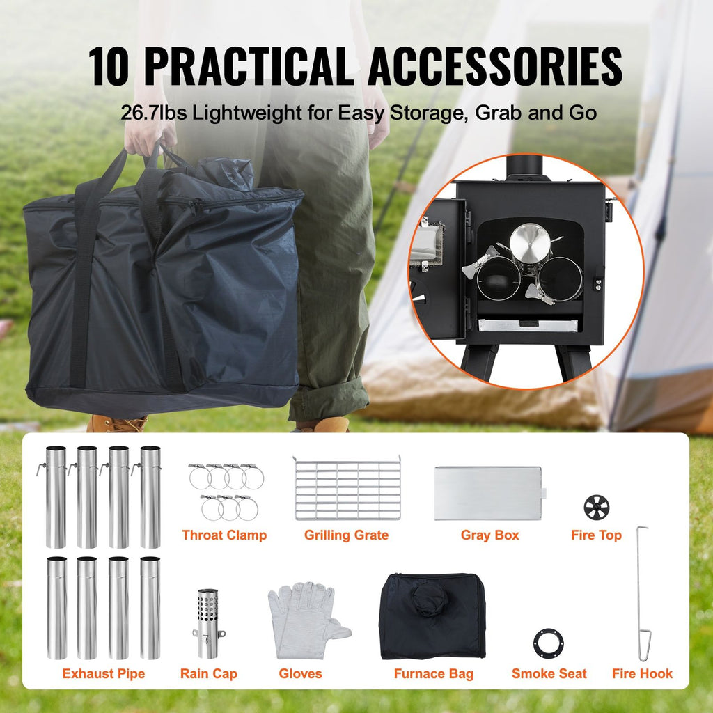 VEVOR Alloy Steel Camping Tent Wood Stove with Chimney Pipes and Gloves