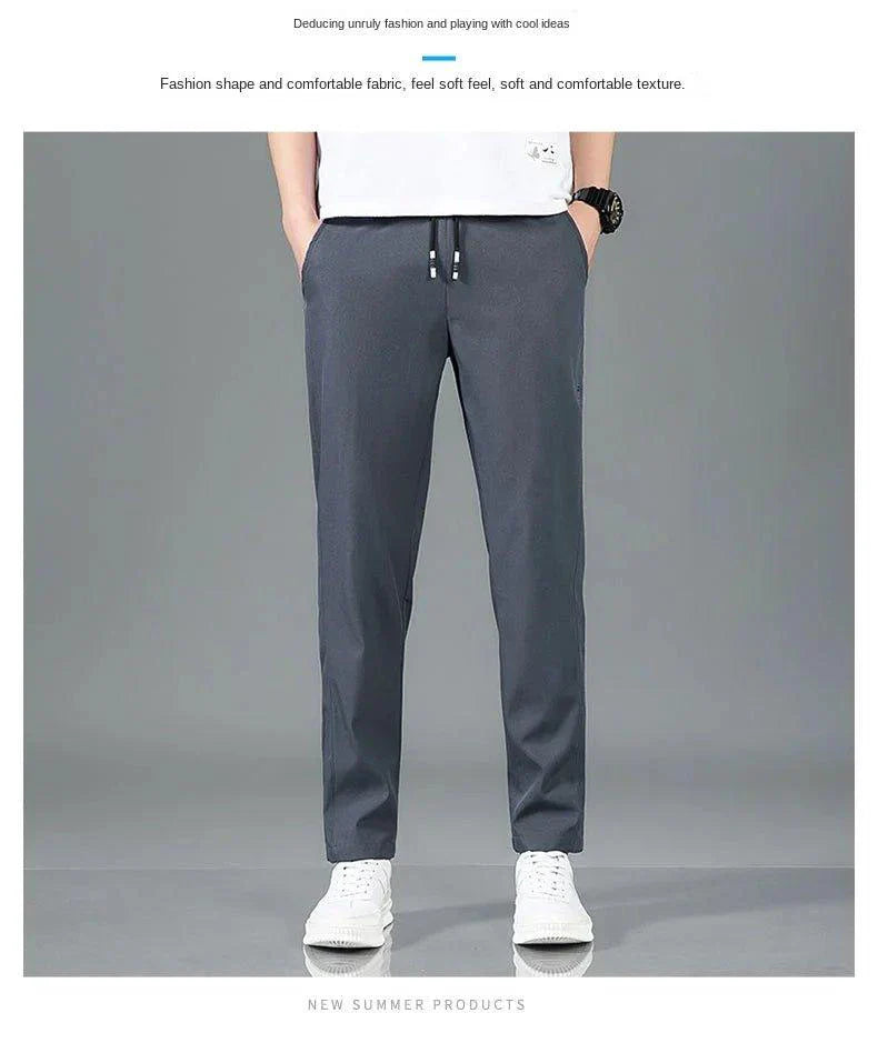Ice Silk Men's Pants 2025 Summer New Black Gray Thin Business Casual Pants Outdoor Elastic Breathable Straight Leg Sweatpants
