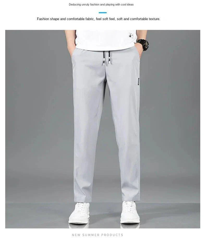 Ice Silk Men's Pants 2025 Summer New Black Gray Thin Business Casual Pants Outdoor Elastic Breathable Straight Leg Sweatpants