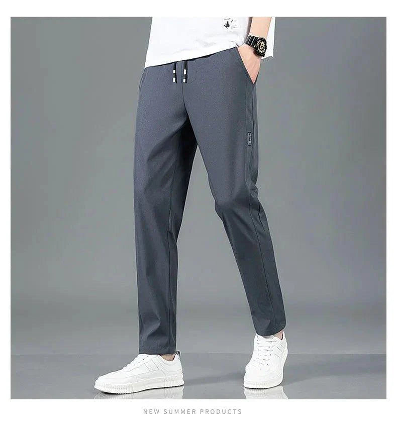 Ice Silk Men's Pants 2025 Summer New Black Gray Thin Business Casual Pants Outdoor Elastic Breathable Straight Leg Sweatpants