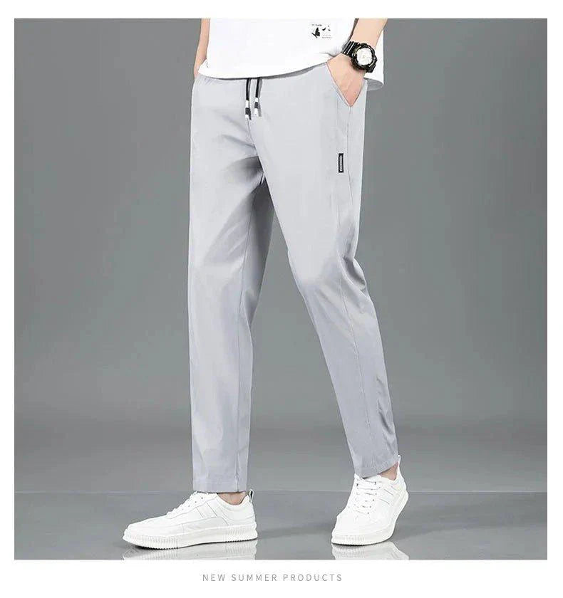 Ice Silk Men's Pants 2025 Summer New Black Gray Thin Business Casual Pants Outdoor Elastic Breathable Straight Leg Sweatpants
