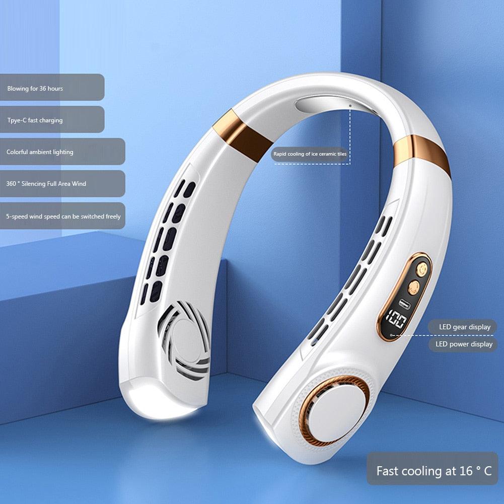Portable Neck Fan USB Handheld Mute LED Digital Display Leafless Mini Electric Fan Colorful Atmosphere Lights 5th Gear For Rechargeable Personal Wearable Fan with Colorful Flashlight LED Digital Display And Low Noise