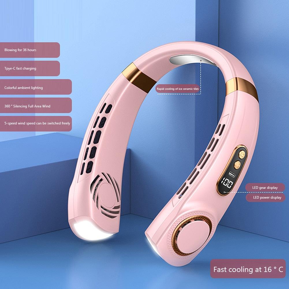 Portable Neck Fan USB Handheld Mute LED Digital Display Leafless Mini Electric Fan Colorful Atmosphere Lights 5th Gear For Rechargeable Personal Wearable Fan with Colorful Flashlight LED Digital Display And Low Noise
